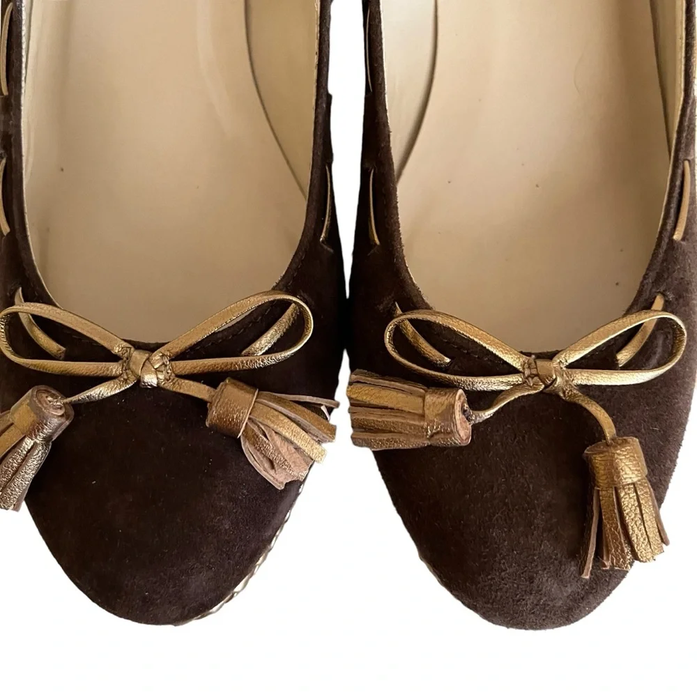 Lauren Ralph Lauren Cambree Brown Suede with Gold Wedge Heels & Tassels NEW